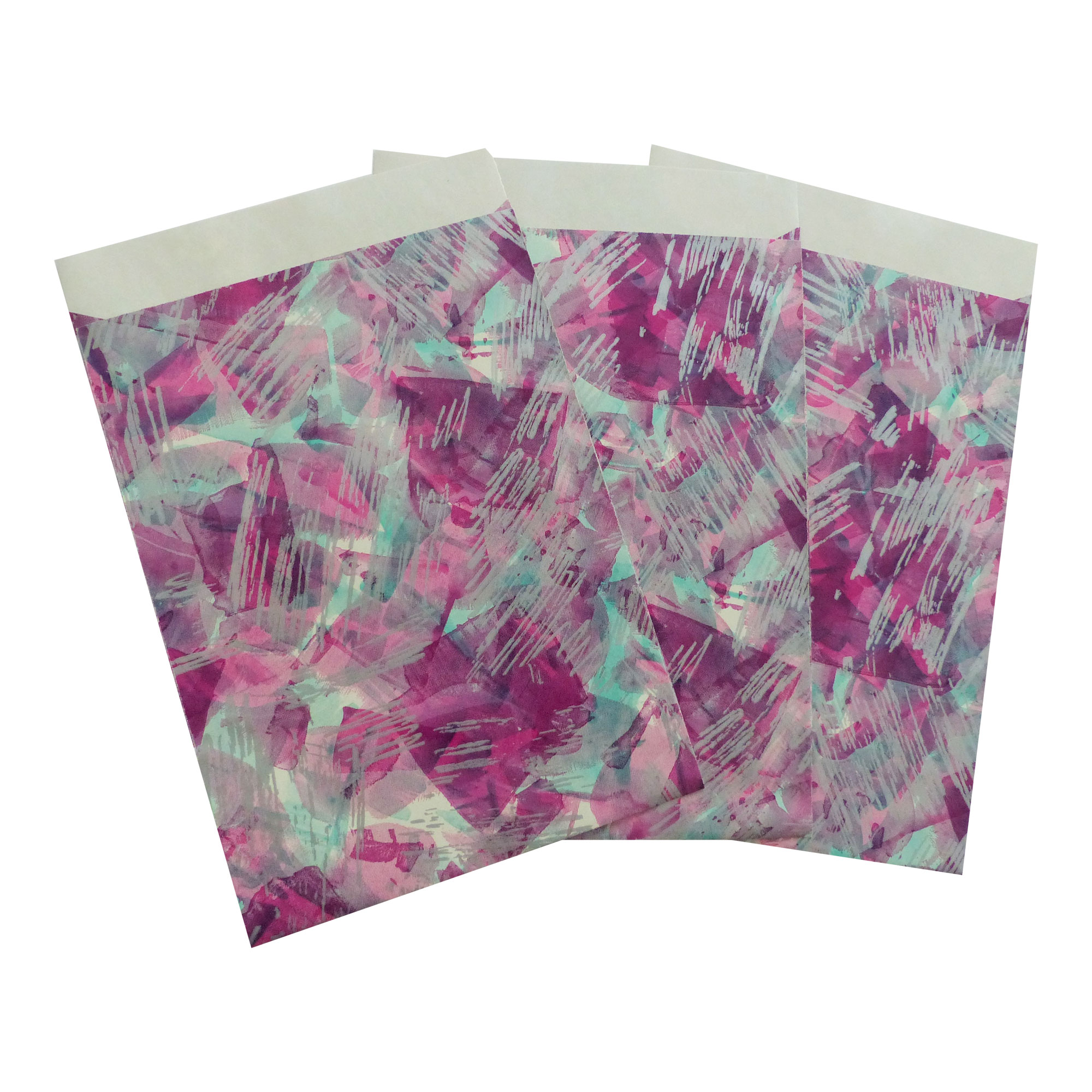 Flachbeutel, ZweinahtklebuNatron gerippt, Dessinpapier 6301 rosa/silber 60 g, 115 x 160 + 20 mm Klappe